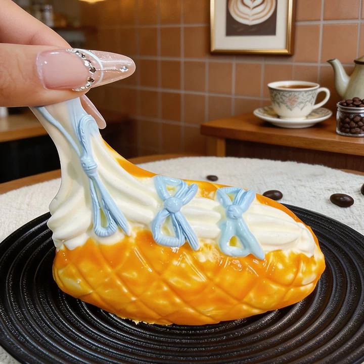 リボンのクリームパン taonini リボンのクリームパン  中 バタービスケットです 泥感　手作り無毒 食品級シリコン スクイーズ ゆっくりとした反動でストレス解消になるおもちゃ