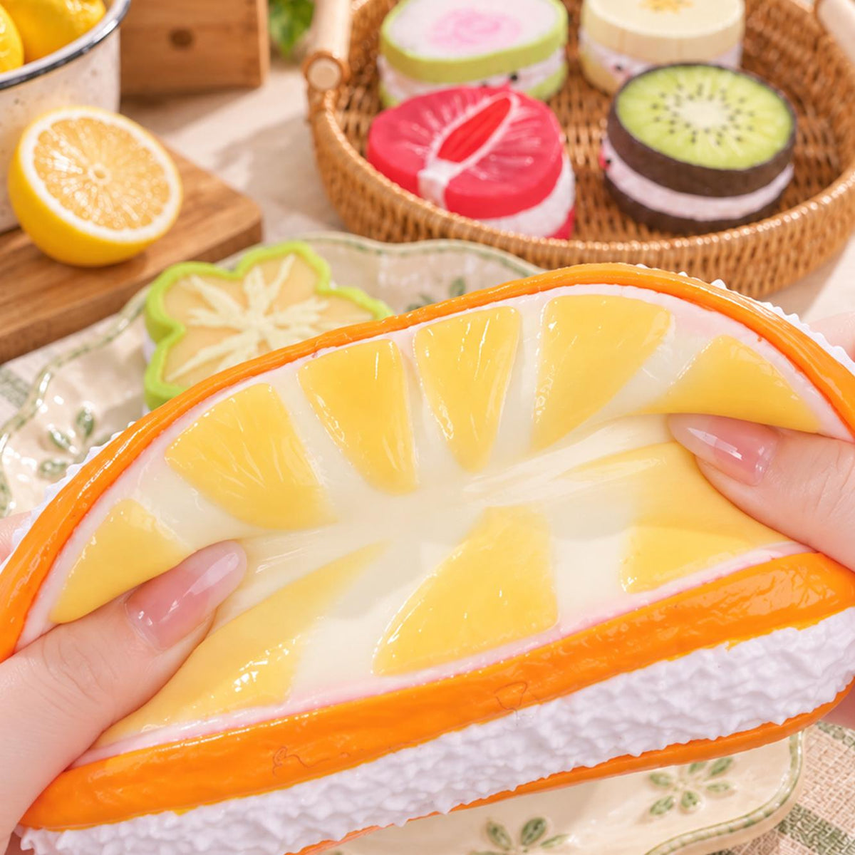 フルーツサンドシリーズ泥感じ　手作り無毒 食品級シリコン スクイーズ 伸張玩具 スクイーズ ゆっくりとした反動でストレス解消になるおもちゃゆっくりとした反動でストレス解消になるおもちゃ